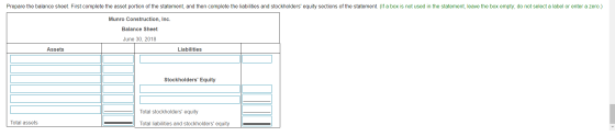 Prepare the balance sheet. First complete the asset portion of the statement, and then complete the liabilities and stockhold