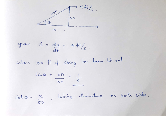 4ft/s. loo so 20 given xč = dx dt 4 ft/s. when 100 t of storing has been let out Since = 50 -la 100 Coto= x taking derivative