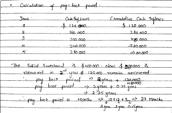 of pay-back period . Calculation Years - Cash Infdows $ 120 0000 160 000 -200.000 240000 280 000 Cumulative Cash Suflows: $ 1
