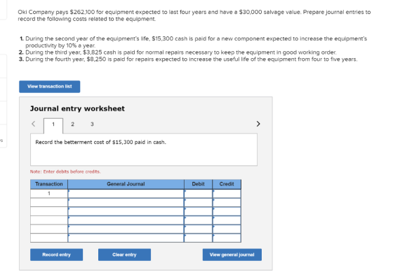 Oki Company pays $262,100 for equipment expected to last four years and have a $30,000 salvage value. Prepare journal entries