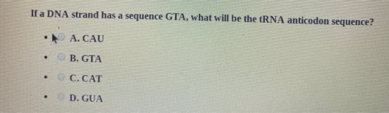 If a DNA strand has a sequence GTA, what will be the tRNA anticodon sequence? A. CAU • B. GTA C.CAT • D. GUA