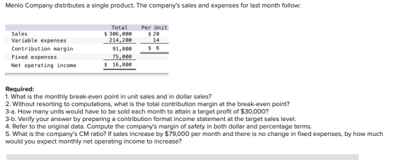 Menlo Company distributes a single product. The companys sales and expenses for last month follow: Sales Variable expenses C