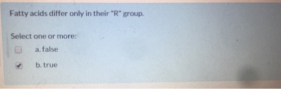 Fatty acids differ only in their R group. Select one or more: a. false b. true