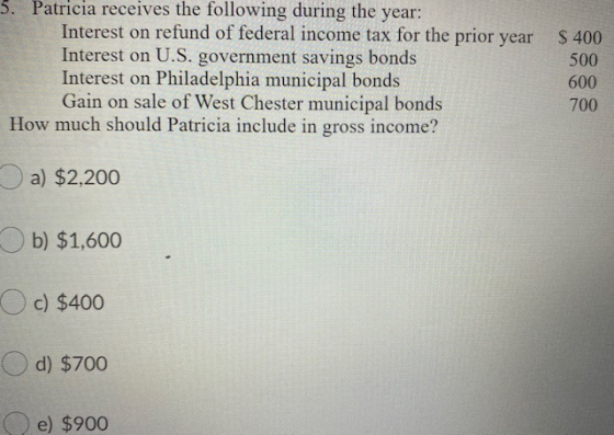 Patricia receives the following during the year: Interest on refund of federal income tax for the prior year Interest on U.S.