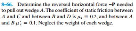 8-66. Determine the reversed horizontal force-P needed to pull out wedge A. The coefficient of static friction between A and C and between B and D is 0.2, and between A and B,0.1. Neglect the weight of each wedge.