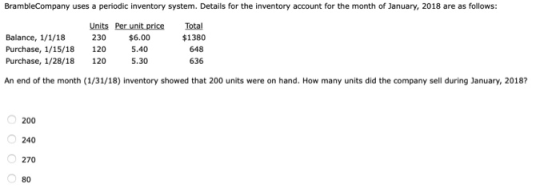 BrambleCompany uses a periodic inventory system. Details for the inventory account for the month of January, 2018 are as foll