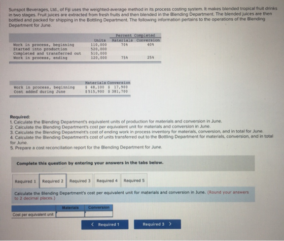 Sunspot Beverages, Ltd., of Fyl uses the weighted average method in its process costing system. It makes blended tropical fru