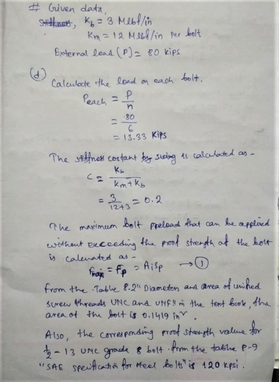 Ouven data ternal LoaAP) 0 kips eah n - 80 13.33 Kips S b 12436.2 a pplu Calunated as from the Table 8.2 Diameten ans area of unihed Atso, the caeeiy rnd set va Y-