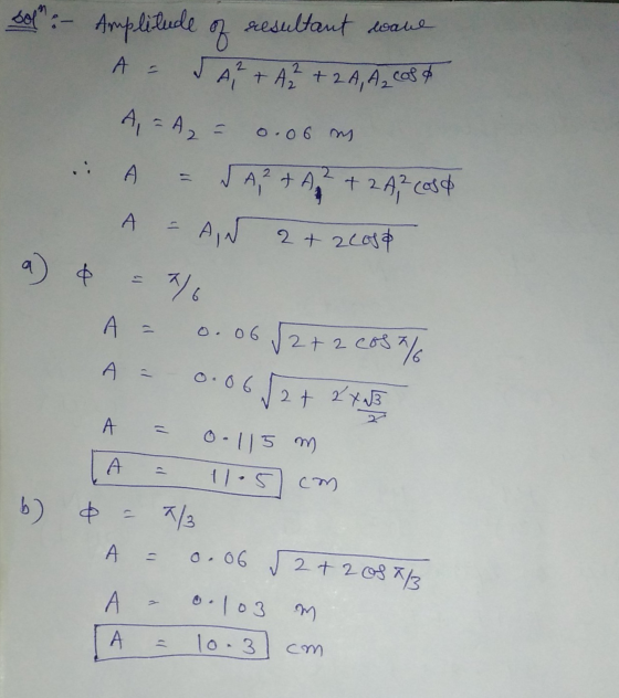 Solm :- Amplitude of resultant wall A = I AR + A 2 + 2A, A 2 cos & A, = A 2 = - 0.06 m : 2 VARTA +2A, cast AN 2 + 2lose A - a