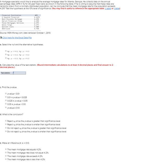 A mortgage speclallst would like to analyze the average mortgage rates for Atlanta, Georgla. He collects data on the annual percentage rates (APR In %) for 30-year fixed loanG as shown In the following table. If he is willing to assume that theGe rateG are randomly drawn from a normally distributed population, can he conclude that the mean mortgage rate for the population exceeds 4.2%? Test the hypothesis at the 10% level of significance. (You may find it useful to reference the appropriate table: z table or table) Financial Institution G Squared Financial Best Possible Mortgage Hersch Financial Group Total Mortgages Services Wells Fargo Quicken Loans Amerisave 4, 125% 4.258 4.258 4.375 4.375 4.588 4.758 Source: MSN Money.com; data retrieved October1, 2010. a. Select the null and the alternative hypotheses. b. Calculate the value of the test statistic. (Round intermediate calculations to at least 4 decimal places and final answer to 2 decimal places.) Test statistic c. Find the p-value. Op-value < 0.01 0.01 s p-value<0.025 0.025 s p-value <0.05 0 005 s pvalue < 010 Op-value 2 010 d. What Is the conclusion? o Reject на since the p value is greater than significance level. Reject Hg sInce the p-value is smaller than slgnificance level. Do not reject e since the p-value Is greater than significance level. Do not reject g sInce the p-value Is smaller than significance level. e. Make an inference at α-010. O The mean mortgage rate equals 4.2%. O The mean mortgage rate doeG not equal 4.2% O The mean mortgage rate exceeds 4.2%. O The mean mortgage rate is less than 4.2%.