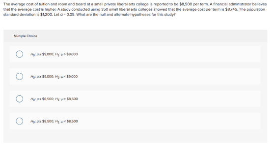 The average cost of tuition and room and board at a small private liberal arts college is reported to be $8,500 per term. A f