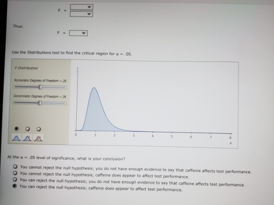 Thus: Use the Distributions tool to find the critical region for a .o5 F Distribution Numerator Degrees of Freedom 26 Denominator Degrees of Freedom 26 At the .05 level of significance, what is your conclusion? O You cannot reject the null hypothesis; O You cannot reject the null hypothesis; caffeine does appear to affect test performance. O You can reject the null hypothesis; you do not have enough evidence to say that caffeine affects test perf O You can reject the null hypothesis; caffeine does appear to affect test performance. you do not have enough evidence to say that caffeine affects test performance. ormance