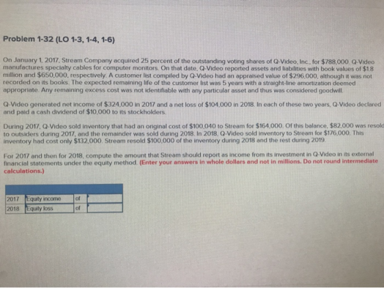 Problem 1-32 (LO 1-3, 1-4, 1-6) On January 1, 2017, Stream Company acquired 25 percent of the outstanding voting shares of Q-