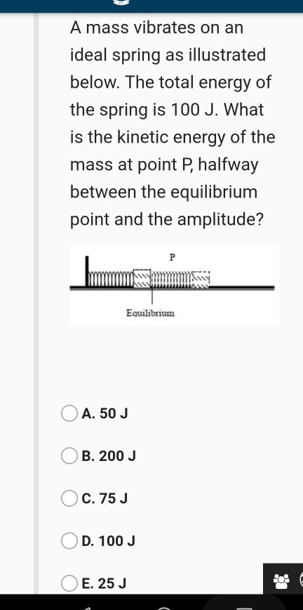 A mass vibrates on an ideal spring as illustrated below. The total energy of the spring is 100 J. What is the kinetic energy