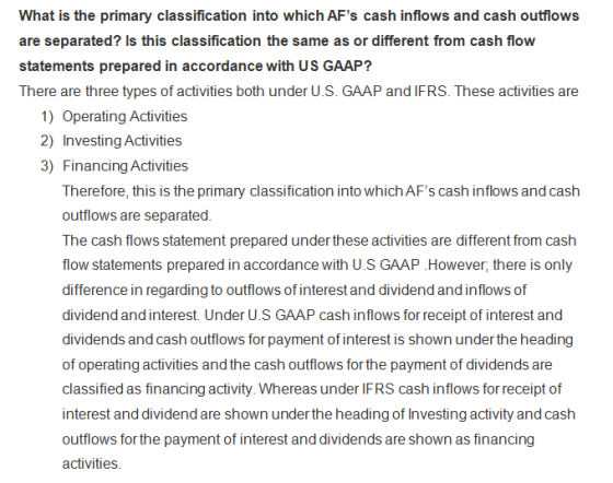 What is the primary classification into which AFs cash inflows and cash outflows are separated? Is this classification the s