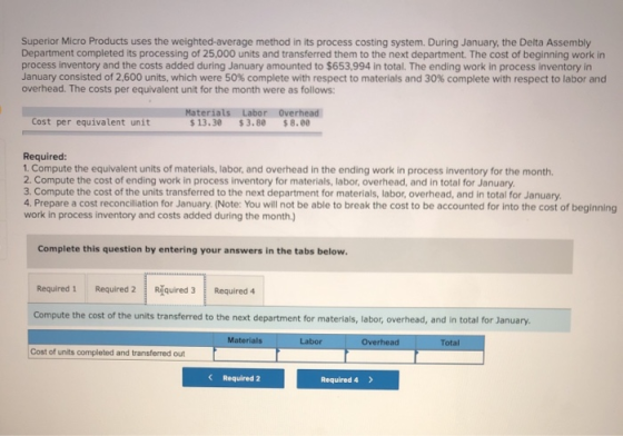 Superior Micro Products uses the weighted average method in its process costing system. During January, the Delta Assembly De