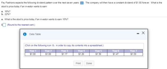 The company will then have a constant dividend of $1.80 forever. What is the Fey Fashions expects the following dividend patt