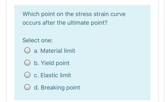 Which point on the stress strain curve occurs after the ultimate point? Select one: O a. Material limit O b. Yield point O c.