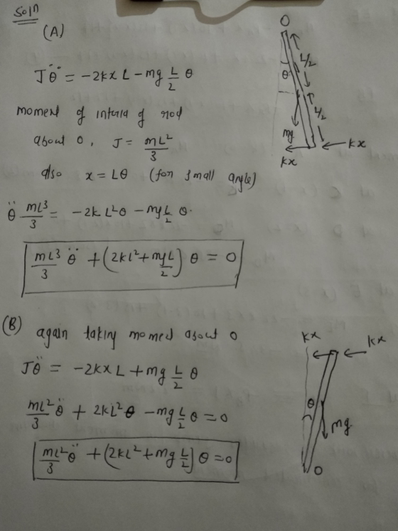 Soll Jő = -2K x L - mg 10 moment of intera g 904 about o, J = MLL also x=LO (for small angle] ö m3_ -2kLho - nyt, on es +(2**