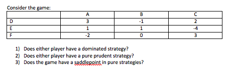 Consider the game: 312 1 1) Does either player have a dominated strategy? 2) Does either player have a pure prudent strategy?