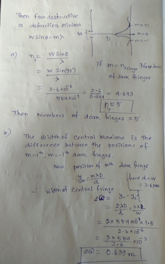 Then for destructive or defraction minima to mo Wsina-my D m=- a) W sino Nombers W sin (90°) if m=n Afringe of dark fringes 2