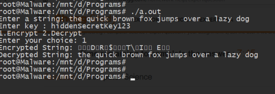 oot@Ma1 ware : /mnt/d/Programs # .oot@Malware : /mnt/d/Programs # ./a.out Enter a string: the quick brown fox jumps cover ala
