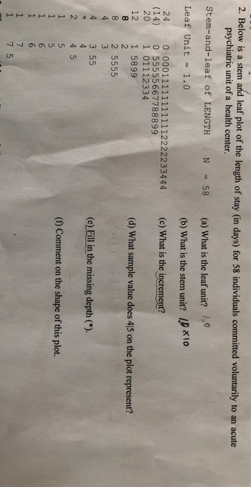 2. Below is a stem and leaf plot of the length of stay (in days) for $58 individuals commited voluntarily to an ac psychiatric unit of a health center. stem-and-leaf of LENGTH N 58 (a) What is the leaf unit? 10 Leaf Unit 1.0 (b) What is the stem unit? 1D XIo 24 (14) 0 55555667788899 20 1 01112334 12 1 5899 2 5555 3 55 4 5 (d) What sample value does 4jS on the plot represent? (e) Fill in the missing depth). (0) Comment on the shape of this plot. 8