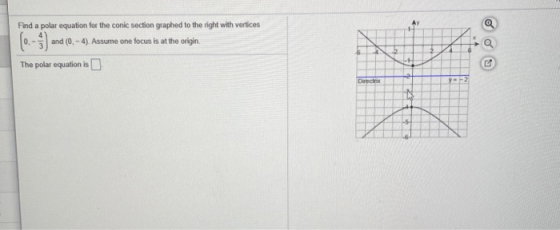 Find a polar equation for the conic section graphed to the right with vertices 0.- and (0.- 4). Assume one focus is at the or