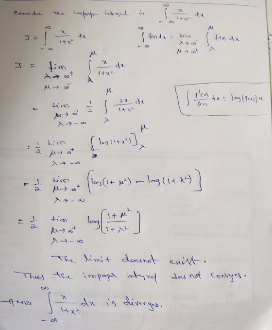 consida the improper intged is dn = him feas de + تلد لا ou Myot s I = fim dy Itaz tasot log (fea)] to tem 20 dx Itxe fons >-