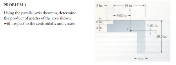 PROBLEM 3 3 in. 16 in. y + 8.92 in. Using the parallel-axis theorem, determine the product of inertia of the area shown with
