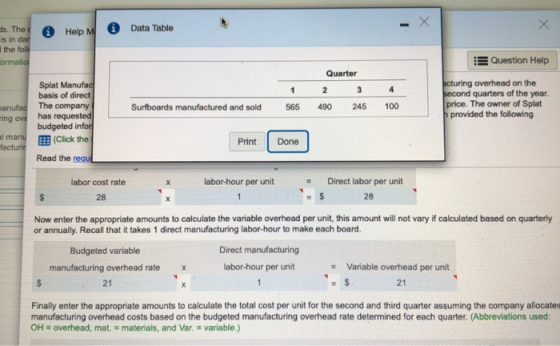 Help M 0 Data Table is. The is in dar the foll ormatio Question Help Splat Manufac basis of direct The company has requested