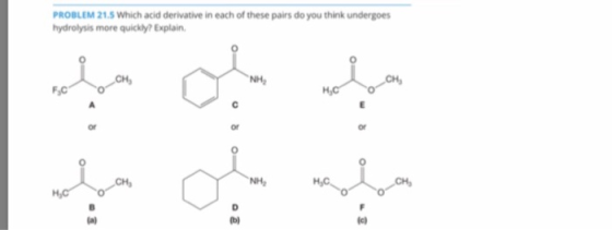 PROBLEM 21.5 Which acid derivative in each of these pairs do you think undergoes hydrolysis more quickly? Explain NH or or 0