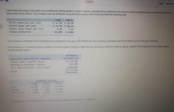 Help Save & EX oton Manufacturing Corporation has a traditional costing system in which it applies manufacturing overhead to