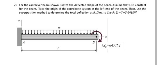 For the cantilever beam shown, sketch the deflected shape of the beam. Assume that El is constant for the beam. Place the origin of the coordinate system at the left end of the beam. Then, use the superposition method to determine the total deflection at 8. IAns. to Check: ?.--7wL/ABE 2) IV Mo-wL /24