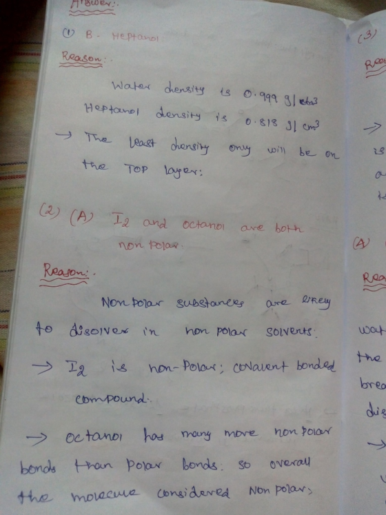 3) Reason Water dhensit 13 .99 et the Top loar: o- ) (A) 、T2 and octanol are botn Rea Raa aven orea eompound dig ec tondi hos