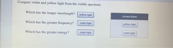 Compare violet and yellow light from the visible spectrum. Which has the longer wavelength? yellow light Answer Bank Which ha