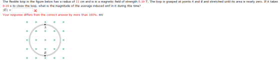 The flexible loop in the figure below has a radius of 11 cm and is in a magnetic field of strength 0.19 T. The loop is grasped at points A and B and stretched until its area is nearly zero. If it takes 0.19 s to close the loop, what is the magnitude of the average induced emf in it during this time? Your response differs from the correct answer by more than 100%, mv x xXxX x xXXx xX xX