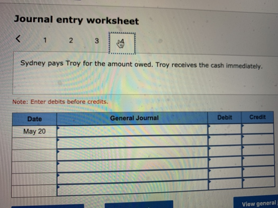 Journal entry worksheet Sydney pays Troy for the amount owed. Troy receives the cash immediately. Note: Enter debits before c