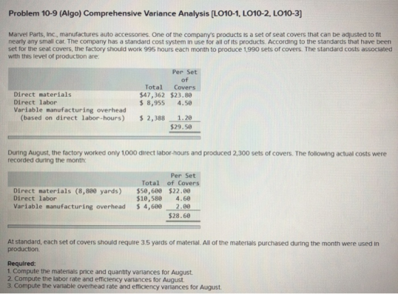 Problem 10-9 (Algo) Comprehensive Variance Analysis (LO10-1, LO10-2, LO10-3) Marvel Parts, Inc., manufactures auto accessorie