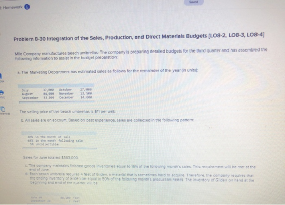 Homework Problem 8-30 Integration of the Sales, Production, and Direct Materials Budgets (LO8-2, LO8-3, L08-4) Milo Company m