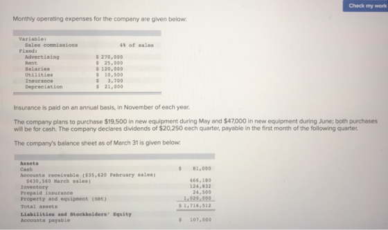 Check my work Monthly operating expenses for the company are given below. 48 of sales Variable Sales commissions Fixed: Adver