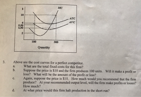 MC ATC AVC 100 300 Quantity Above are the cost curves for a perfect competitor. What are the total fixed costs for this firm?