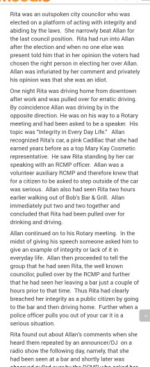 Rita was an outspoken city councilor who was elected on a platfom of acting with integrity and abiding by the laws. She narrowly beat Allan for the last council position. Rita had run into Allan after the election and when no one else was present told him that in her opinion the voters had chosen the right person in electing her over Allan. Allan was infuriated by her comment and privately his apinion was that she was an idiot One night Rita was driving home from downtown after work and was pulled over for erratic driving. By coincidence Allan was driving by in the opposite direction. He was on his way to a Rotary meeting and had been asked to be a speaker. His topic was Integrity in Every Day Life Alan recognized Ritas car, a pink Cadillac that she had earned years before as a top Mary Kay Cosmetic representative. He saw Rita standing by her car speaking with an RCMP officer. Allan was a volunteer auxiliary RCMP and therefore knew that for a citizen to be asked to step outside of the car was serious. Allan also had seen Rita two hours earlier walking out of Bobs Bar& Grill. Allan immediately put two and two together and concluded that Rita had been pulled over for drinking and driving Allan continued on to his Ratary meeting. In the midst of giving his speech someone asked him to give an example of integrity or lack of it in everyday life. Allan then proceeded to tell the group that he had seen Rita, the well known councilor, pulled over by the RCMP and further that he had seen her leaving a bar just a couple of hours prior to that time. Thus Rita had clearly breached her integrity as a public citizen by going to the bar and then driving home. Further when a police officer pulls you out of your car it is a Rita found out about Allans comments when she heard them repeated by an announcer/DJ on a radio show the following day, namely, that she had been seen at a bar and shortly later was