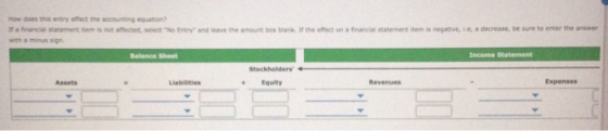 How does this entry affect the accounting equation Ita financial statement them is not affected, select No Entry and leave th