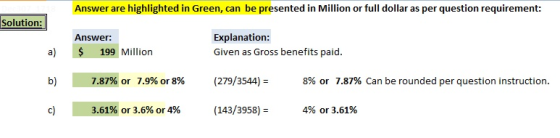 Answer are highlighted in Green, can be presented in Million or full dollar as per question requirement: Solution: Answer: Explanation: a) 199 Million Given as Gross benefits paid. (279/3544): (143/3958- b) I 7.87% or 7.9% or 8% 8% or 7.87% Can be rounded per question instruction. 3.61% Or 3.6% or 4% 4% or 3.61%