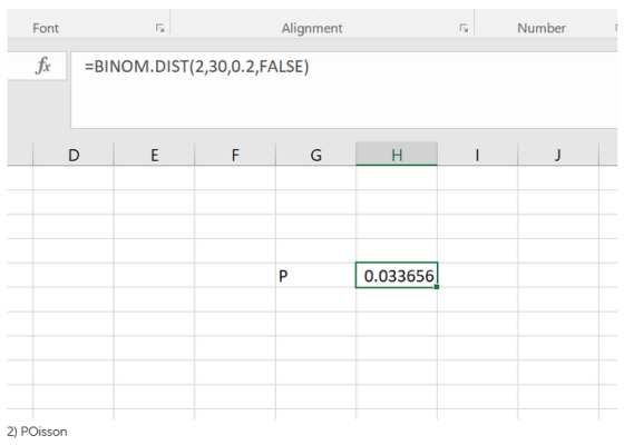 Font Alignment Number BINOM.DIST(2,30,0.2,FALSE) P 0.033656 2) POisson