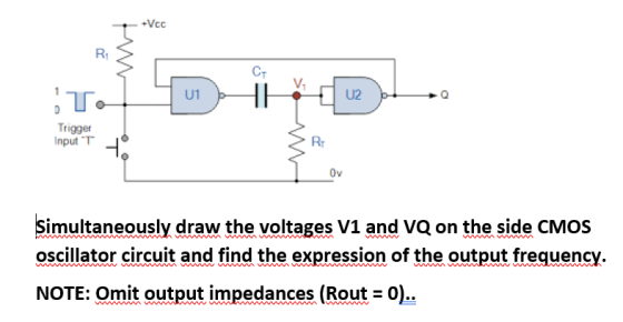 +Vcc w CT U1 U2 T. u1 Trigger Input T RT Ov Simultaneously draw the voltages V1 and VQ on the side CMOS oscillator circuit an