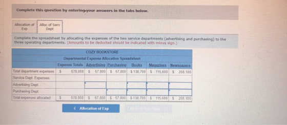 Complete this question by entering your answers in the tabs below. Allocation of EXP Alloc of Serv Dept Complete the spreadsh