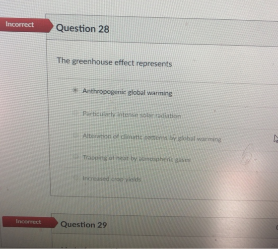 Incorrect Question 28 The greenhouse effect represents Anthropogenic global warming Particularty intense solar radiation Alte