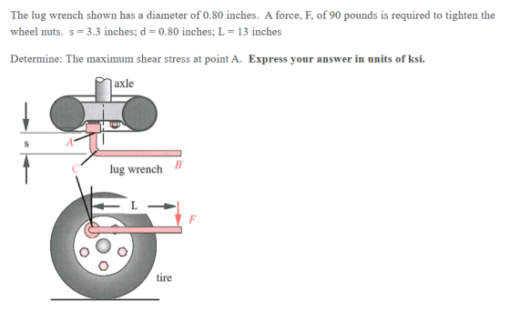 The lug wrench shown has a diameter of 0.80 inches. A force, F, of 90 pounds is required to tighten the wheel nuts. s= 3.3 in